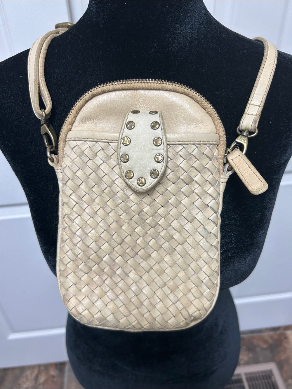 Woven, Vilenca Holland Cream Leather Crossbody with Stud-Accent Flap
